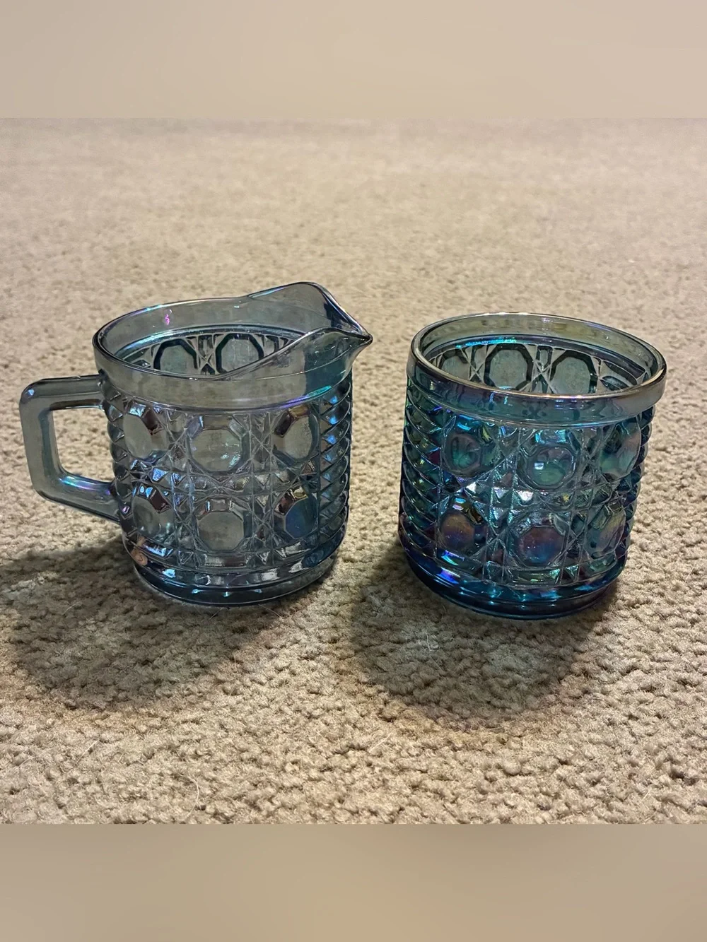 Vintage Iridescent Blue Indiana Carnival Windsor Glass Creamer & Sugar Bowl Set